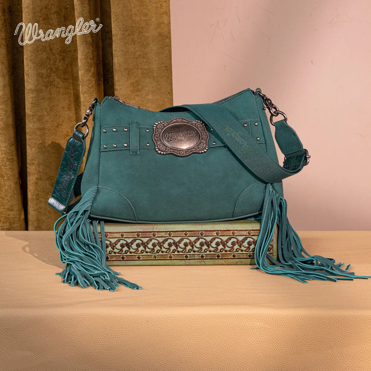 Wrangler Teal Fringe Buckle Collection Crossbody Bag