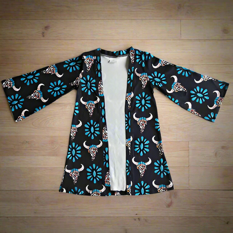 Girls Western Turquoise Longhorn Cardigan
