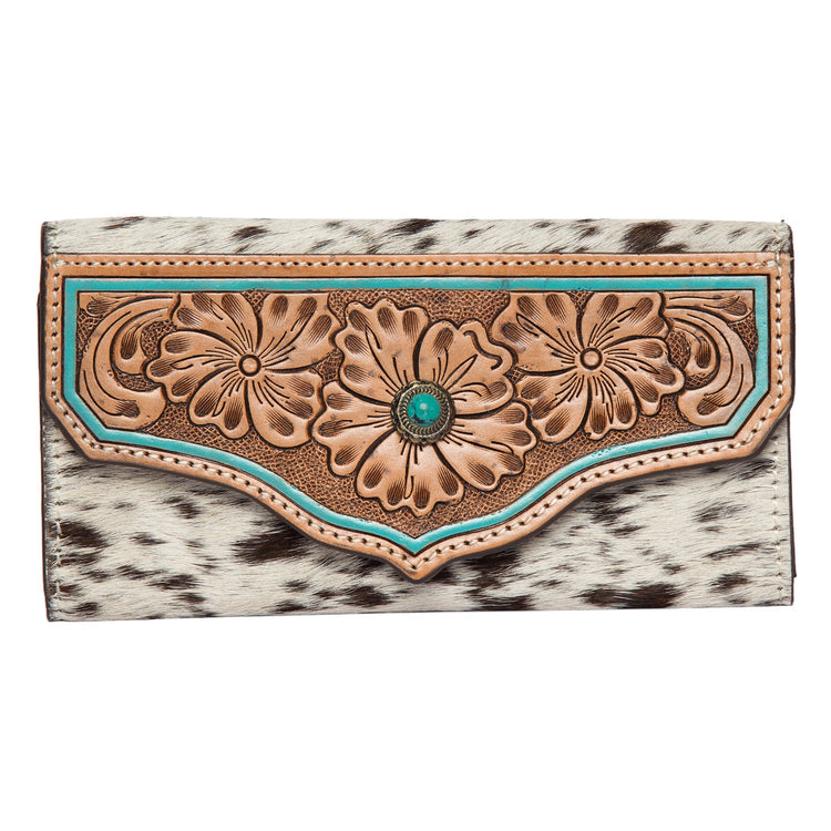 Tooled Flower Genuine Leather Turquoise Stone Wallet