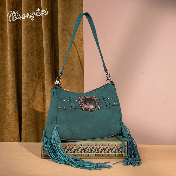 Wrangler Teal Fringe Buckle Collection Crossbody Bag