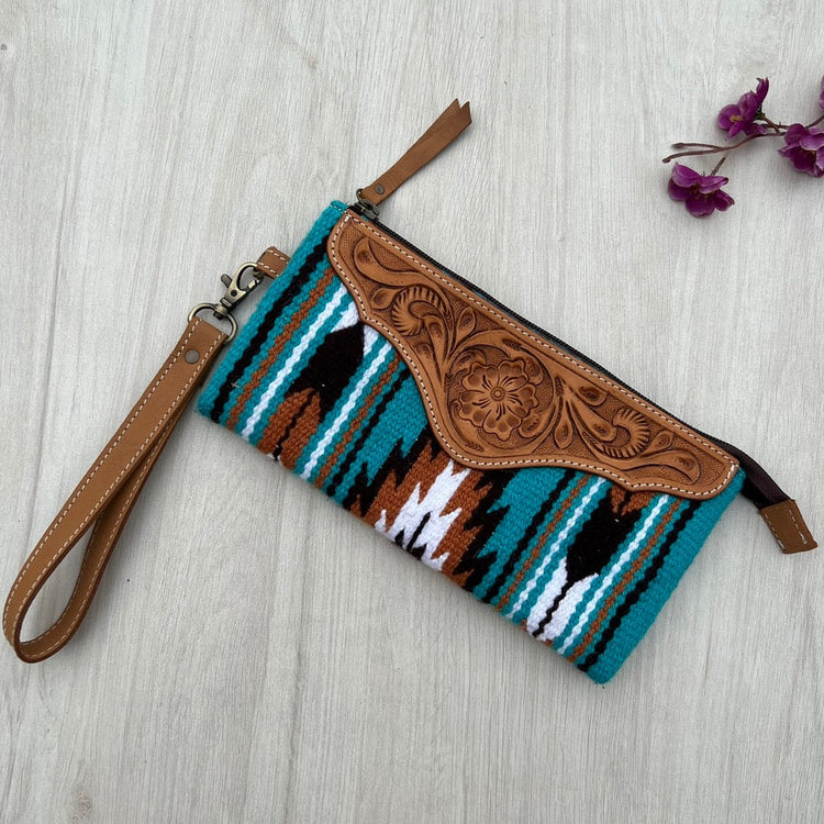 Tooled Leather Turquoise Saddle Blanket Clutch Wallet