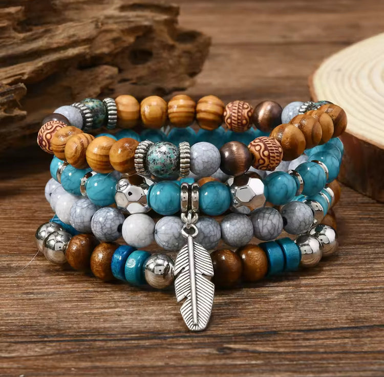 4 Set Feather Charm Stretch Bracelet BACK IN STOCK