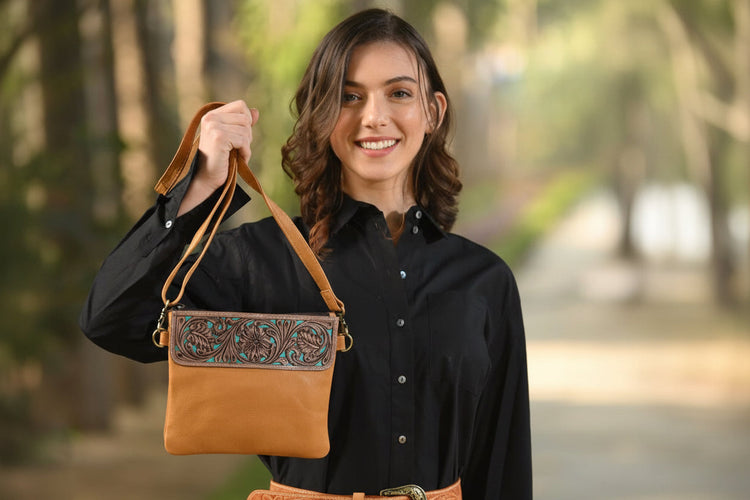 Tooled Flower Genuine Crossbody Handbag