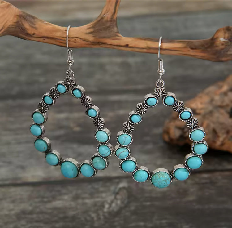 Turquoise Stone Western Teardrop Hook Earrings BACK IN STOCK