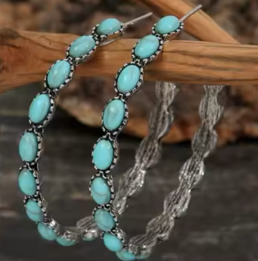 Turquoise Stone Western Hoop Earrings