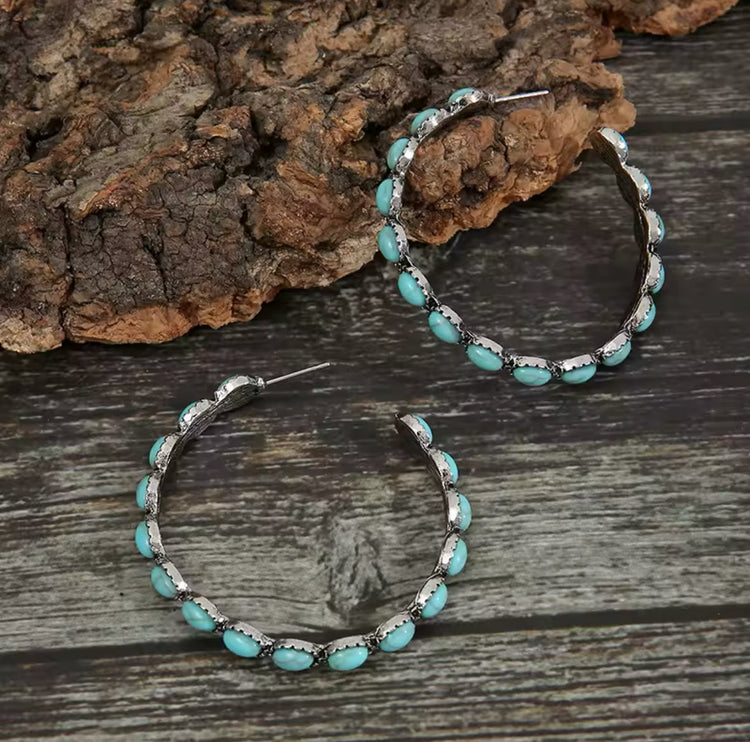 Turquoise Stone Western Hoop Earrings