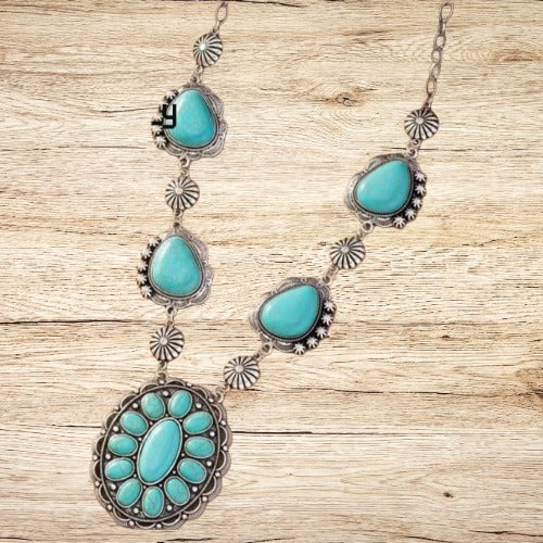 Large Turquoise Stone Tibetan Silver Statement Necklace