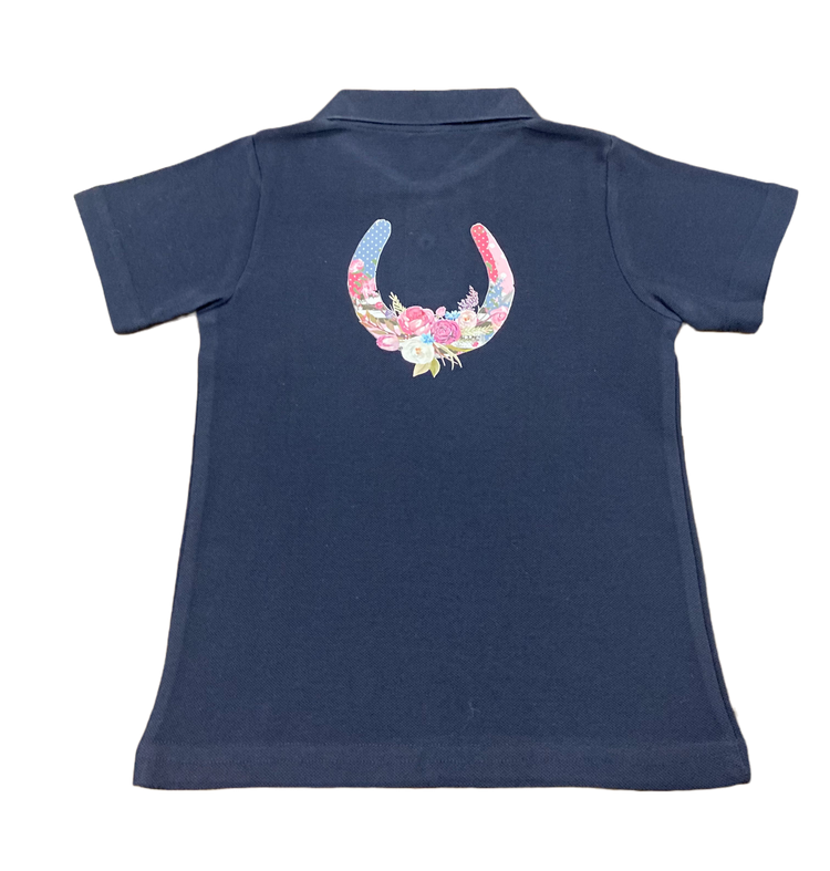 Teen Girls Floral Horseshoe Short Sleeve Navy Polo Shirt AU14 Left ON SALE