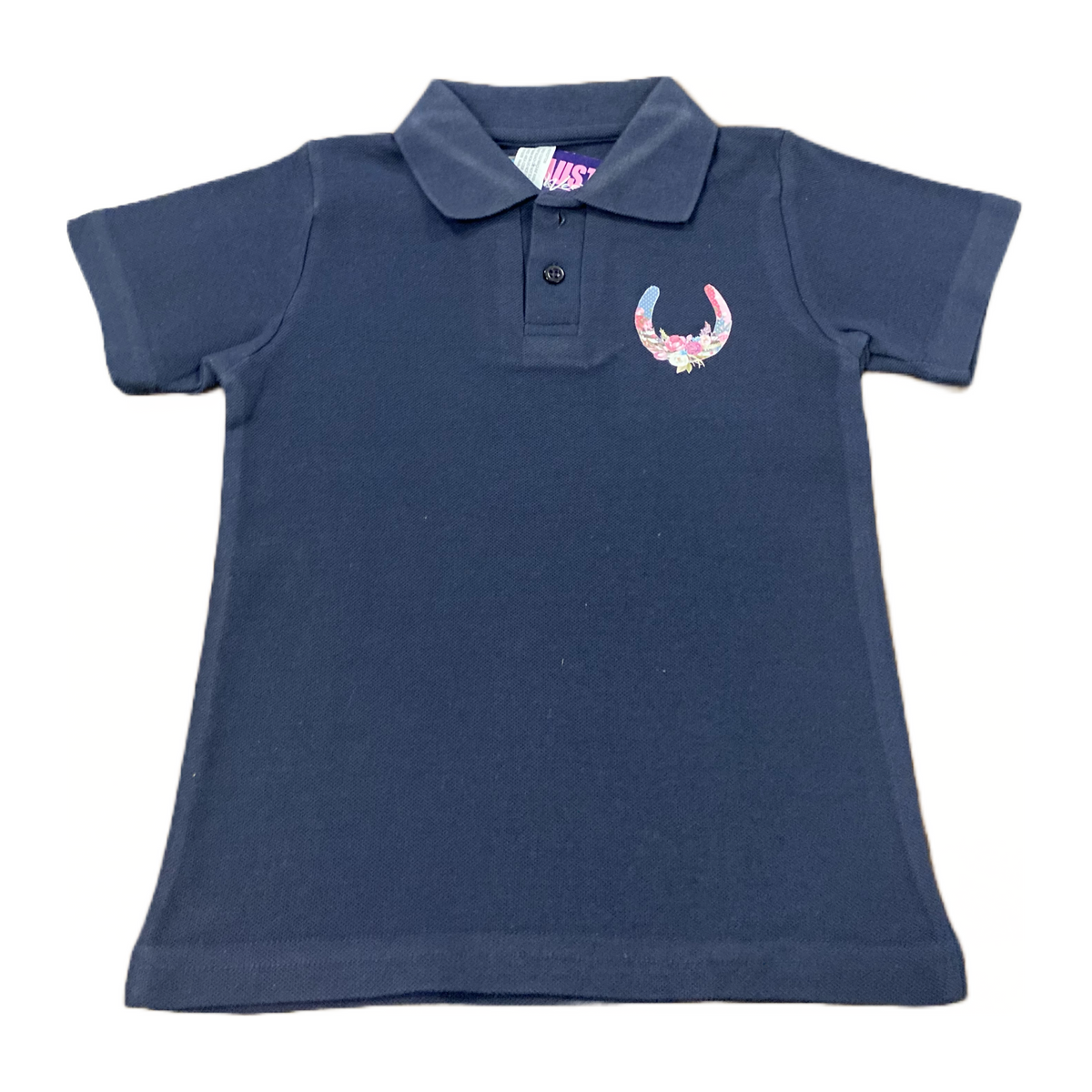 Little Girls Floral Horseshoe Short Sleeve Navy Polo Shirt Sz4 & 6 Left ON SALE