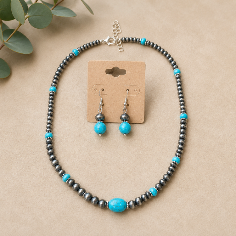 Turquoise Navajo Faux Beaded Necklace Earring Set