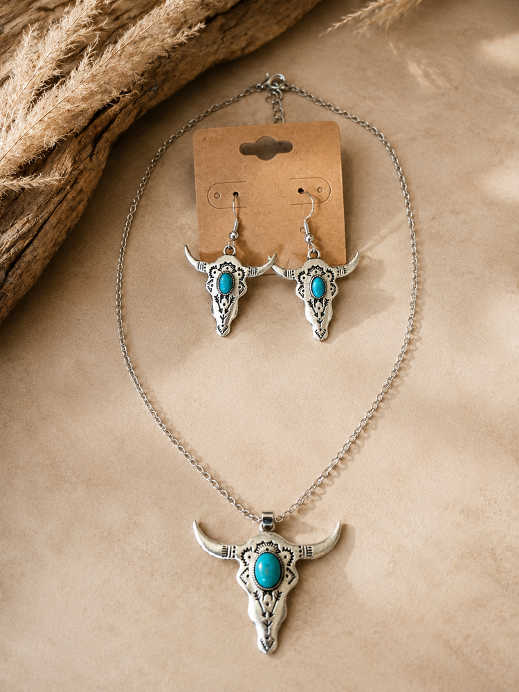 Tribal Longhorn Turquoise Stone Earring Necklace Set