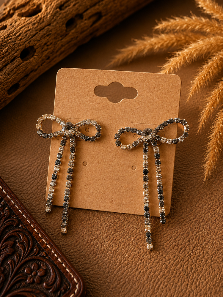 Rhinestone Bow Silver Champagne Earrings