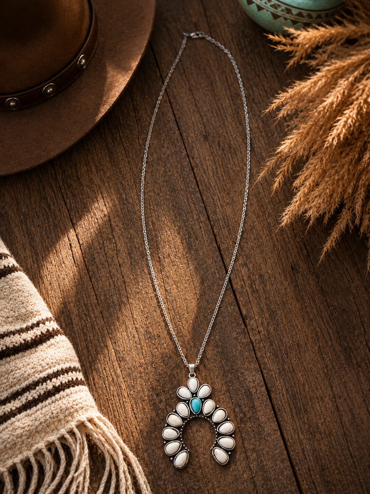 White And Turquoise Stone Squash Blossom Necklace