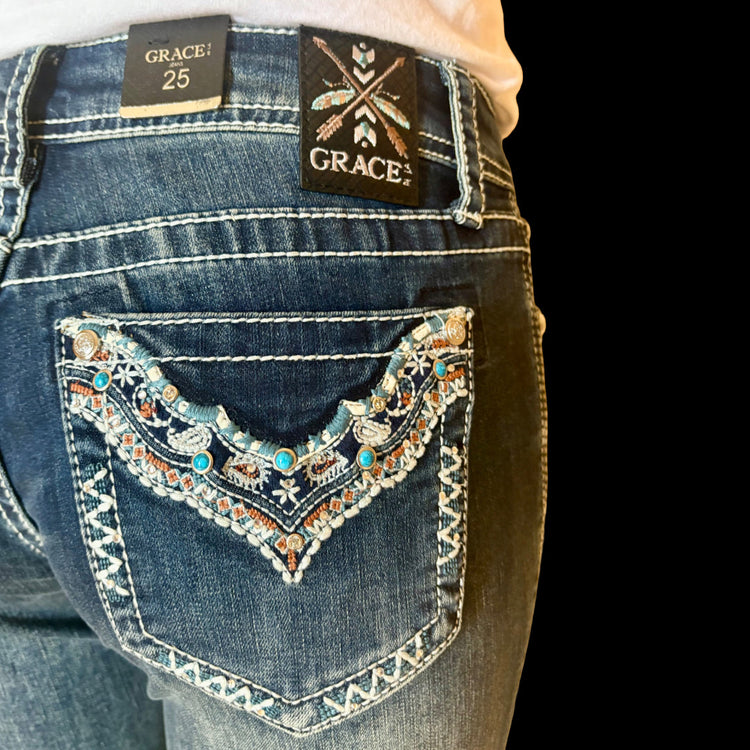 Theodora Turquoise Stud Grace In LA Easyfit Mid Rise Bootcut Jeans US29 & 34