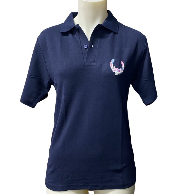 Teen Girls Floral Horseshoe Short Sleeve Navy Polo Shirt AU14 Left ON SALE