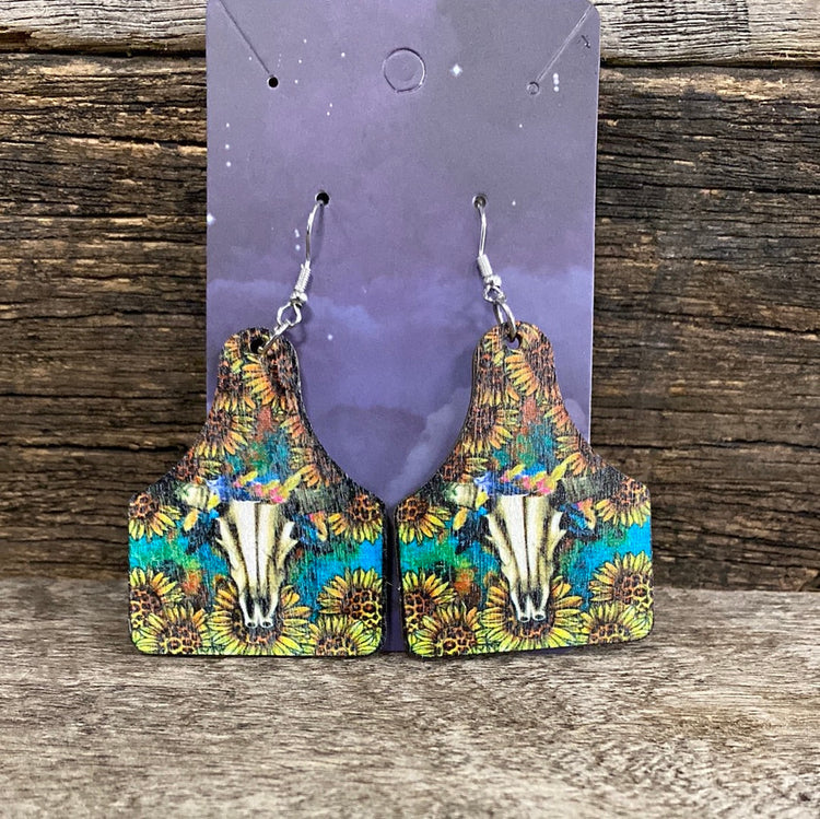 Sunflower Longhorn Cattle Tag Earrings SALE