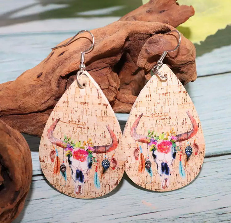 Feather Longhorn Western Teardrop Hook Earrings SALE