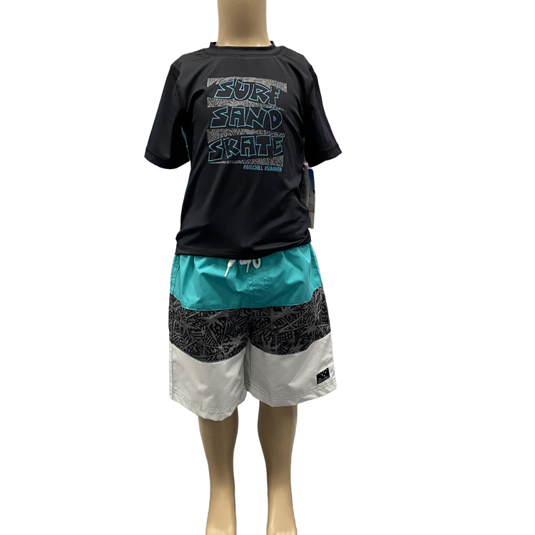 Black/Teal Rash Shirt & Board Short Set Sz4-14 SALE