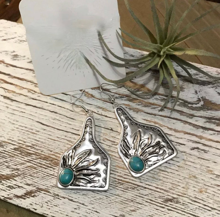 Turquoise Stone Sunflower Silver Cattle Tag Earrings