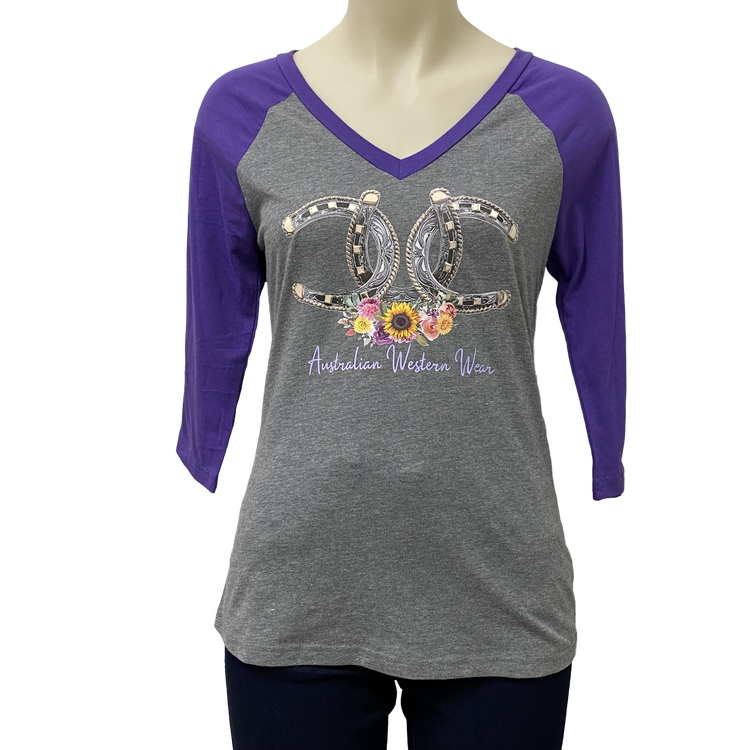 Lucky Horseshoe Ladies Purple/Grey AWW 3/4 Sleeve Graphic Shirt AU8 Left SALE