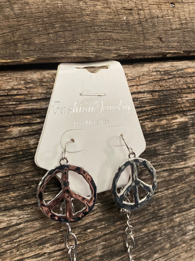 Peace Sign Silver Long Necklace and Earrings Set SALE