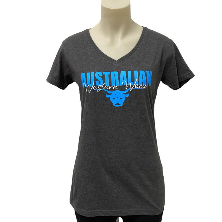 Teen Girls Charcoal Australian Western Wear Blue White Logo Shirt ON SALE