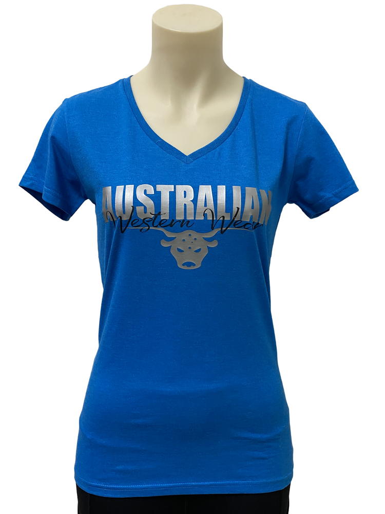 Ladies Blue Australian Western Wear Silver/Black Logo Short Sleeve Shirt SALE