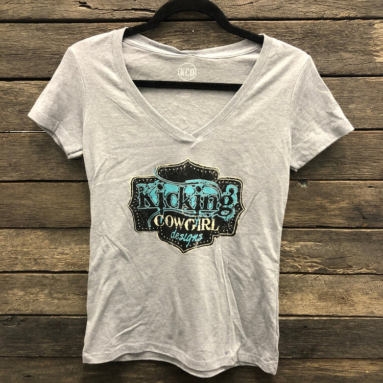 KCD Buckle Logo Grey Short Sleeve V Neck T-Shirt SALE AU14 left