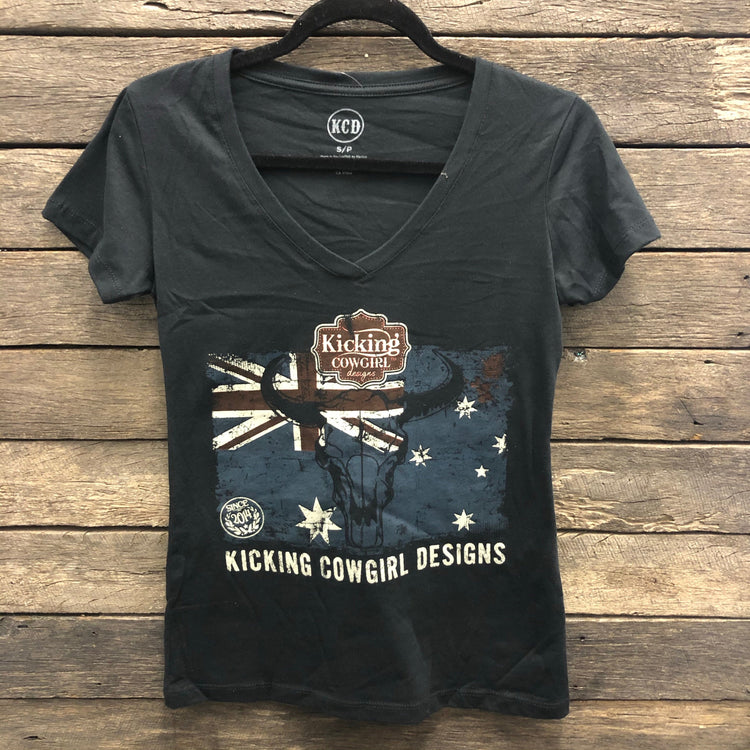 KCD Black Short Sleeve Aussie Flag V Neck T-Shirt SALE AU10 12 & 14 Left