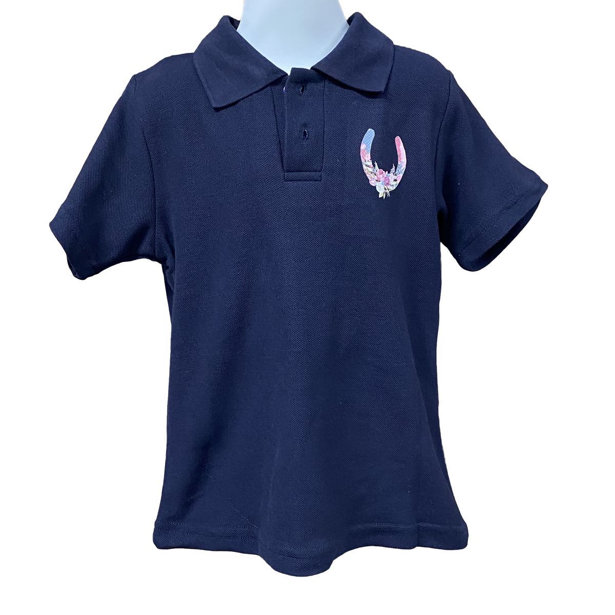 Little Girls Floral Horseshoe Short Sleeve Navy Polo Shirt Sz4 & 6 Left ON SALE