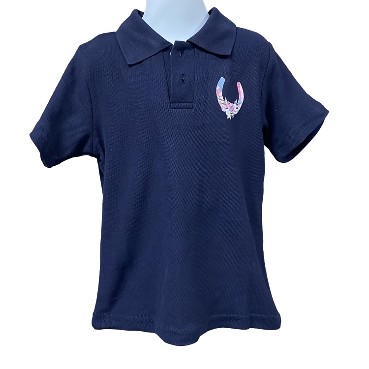 Little Girls Floral Horseshoe Short Sleeve Navy Polo Shirt Sz4 & 6 Left ON SALE