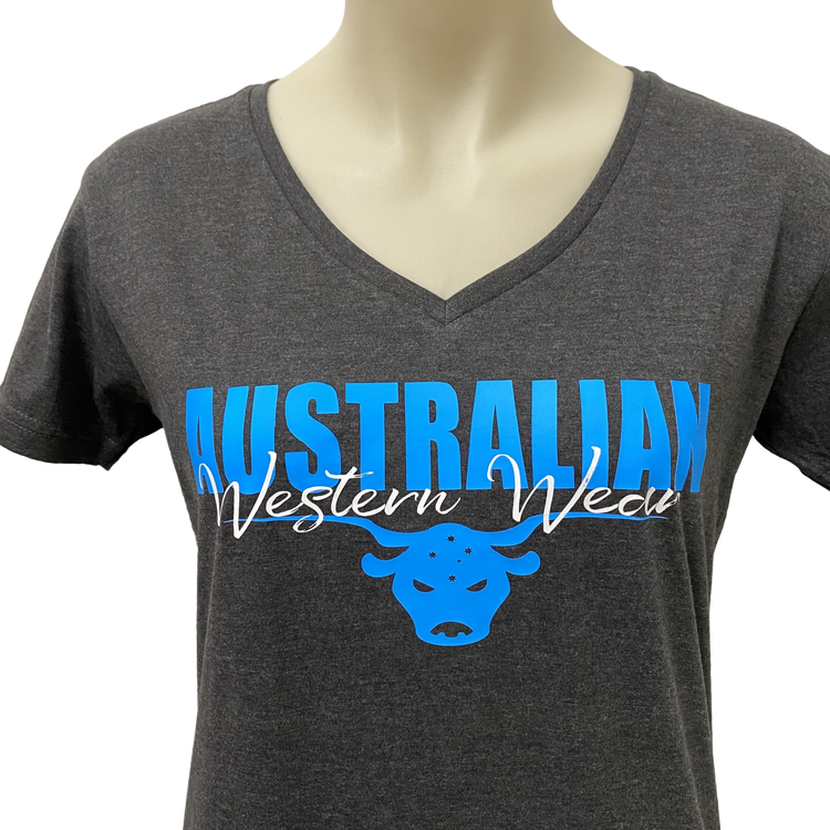 Teen Girls Charcoal Australian Western Wear Blue White Logo Shirt ON SALE
