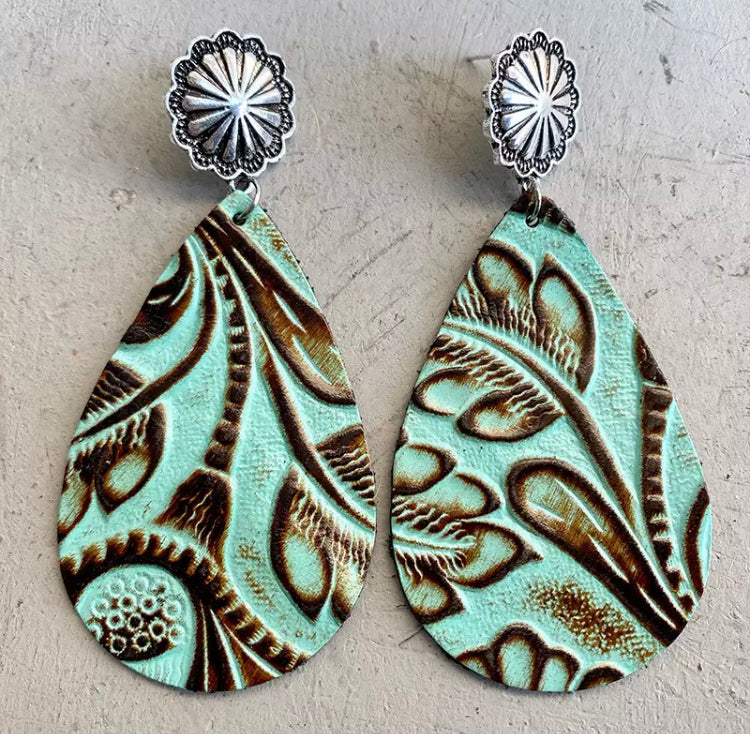 Tooled Leather Teardrop Stud Earrings SALE