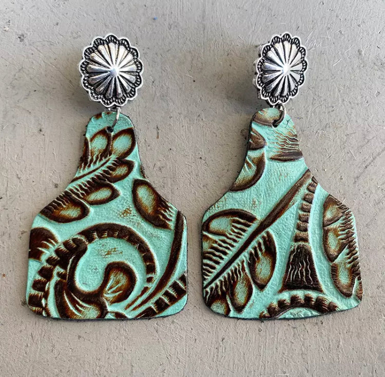 Tooled Leather Cattle Tag Stud Earrings SALE