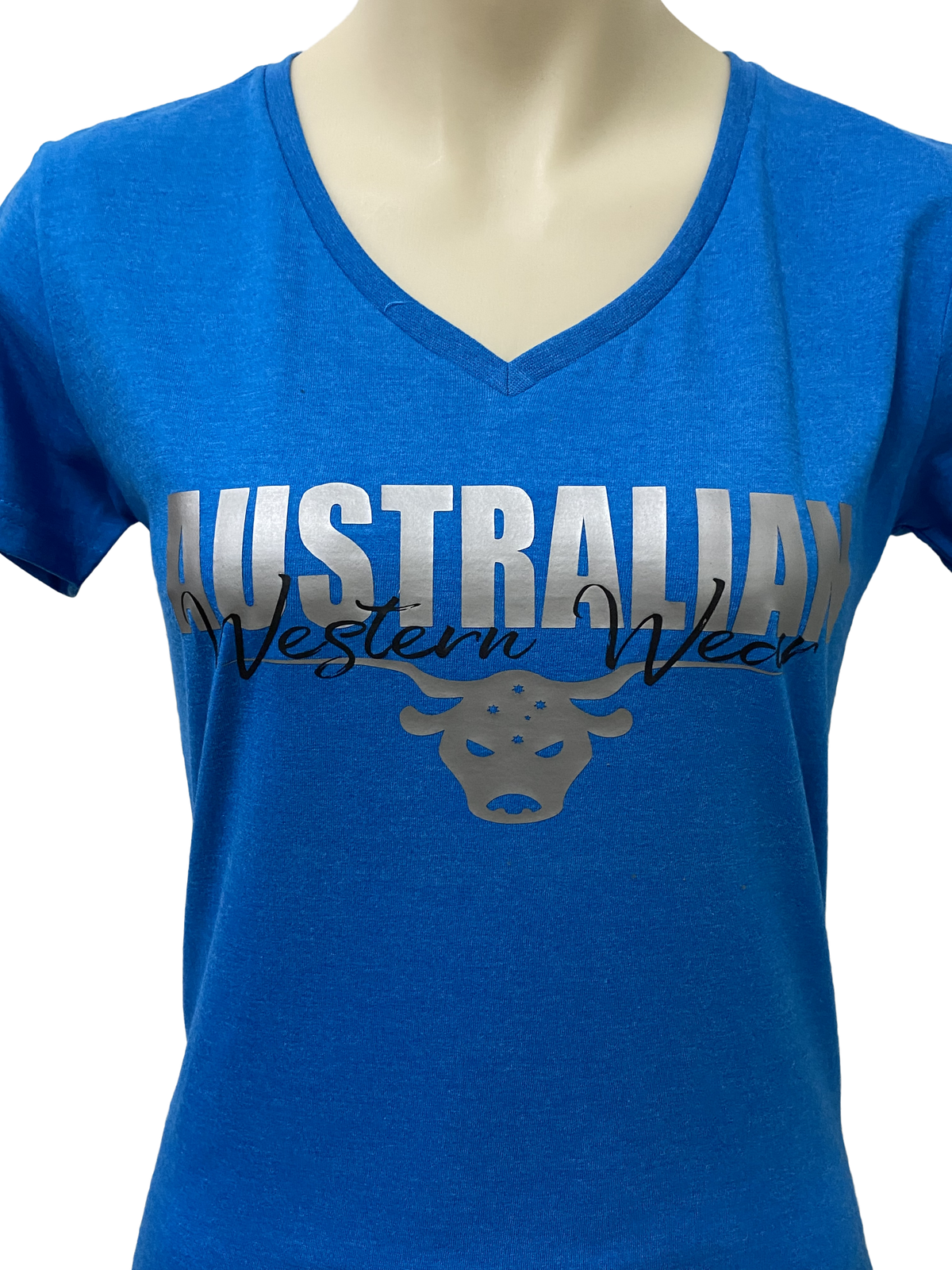 Ladies Blue Australian Western Wear Silver/Black Logo Short Sleeve Shirt SALE