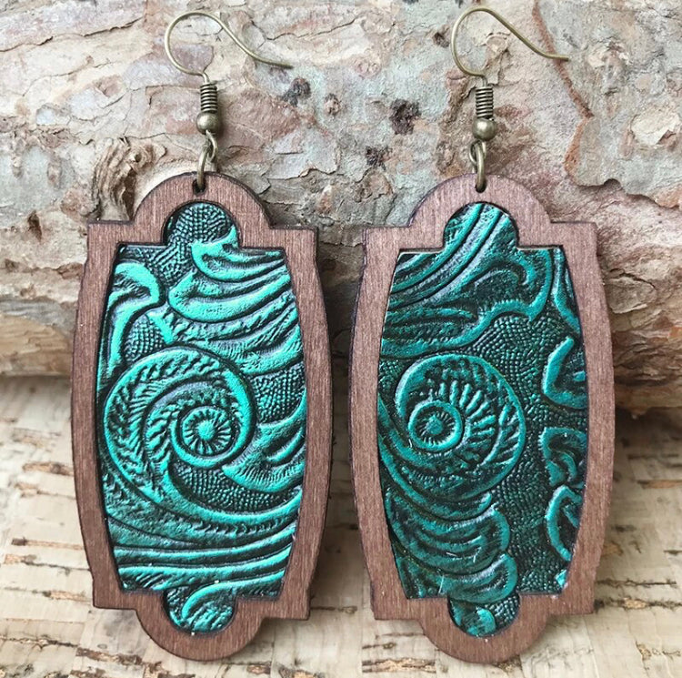Wooden Tooled Leather Hook Earrings SALE