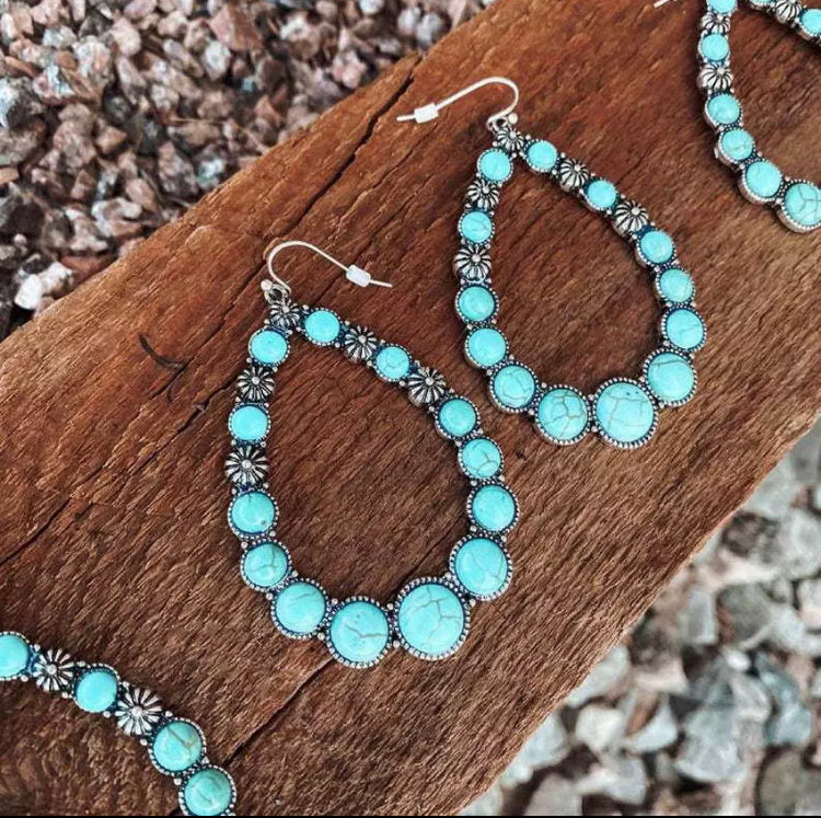 Turquoise Stone Western Teardrop Hook Earrings BACK IN STOCK