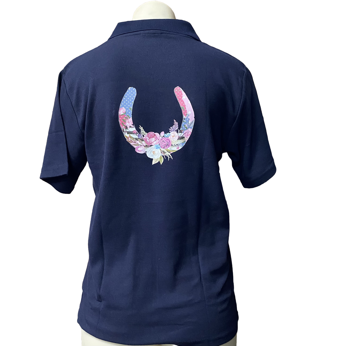 Teen Girls Floral Horseshoe Short Sleeve Navy Polo Shirt AU14 Left ON SALE