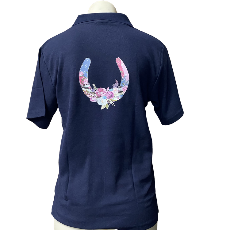 Teen Girls Floral Horseshoe Short Sleeve Navy Polo Shirt AU14 Left ON SALE