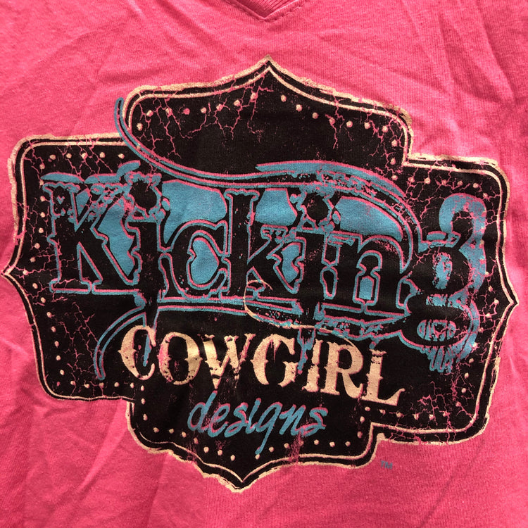 KCD Hot Pink Buckle Logo Short Sleeve V Neck Shirt SALE 12 & 14 left