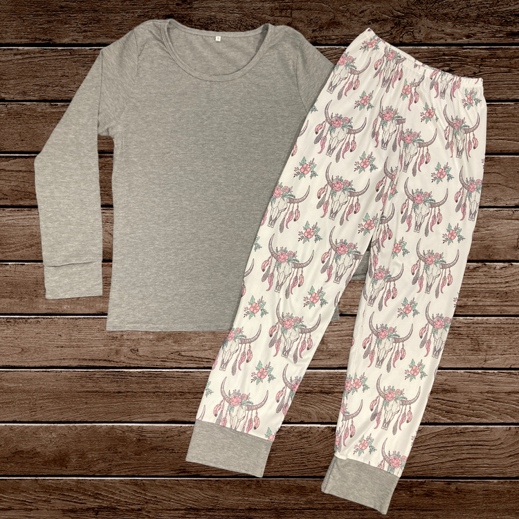 Western Longhorn Dreams Grey Ladies Pyjama Set AU12 Left SALE