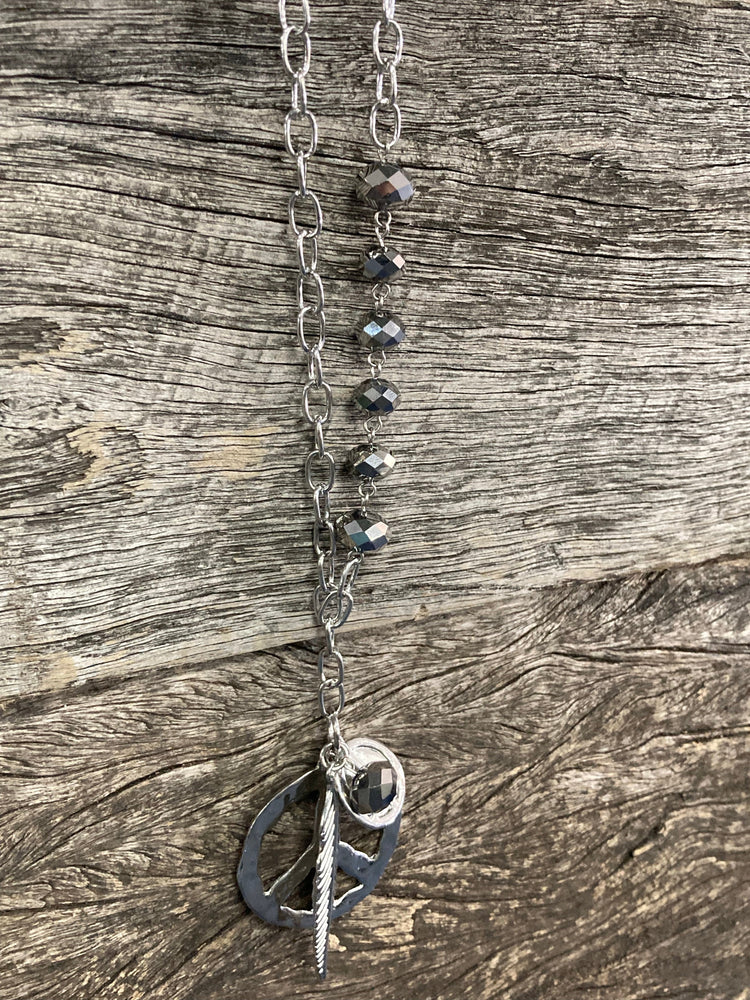 Peace Sign Silver Long Necklace and Earrings Set SALE