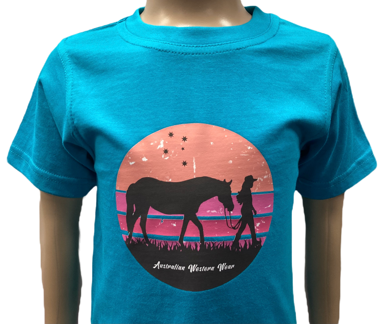 Sunset Cowgirl Toddler Girls Turquoise Graphic Shirt AU4 SALE