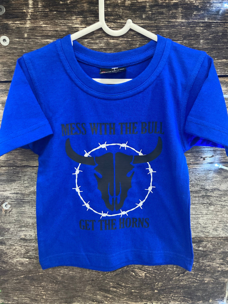 Blue Mess With The Bull Short Sleeve Baby Boys Shirt - Sz00 Left ON SALE