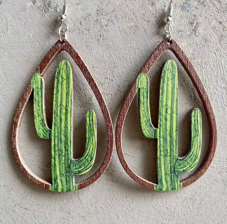 Wooden Cactus Laser Cut Hook Teardrop Earrings SALE