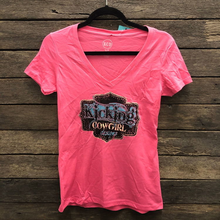 KCD Hot Pink Buckle Logo Short Sleeve V Neck Shirt SALE 12 & 14 left