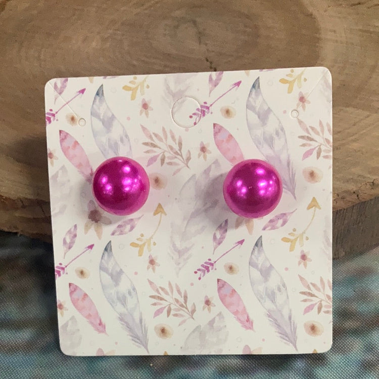 Fuschia 12mm Faux Pearl Stud Earrings