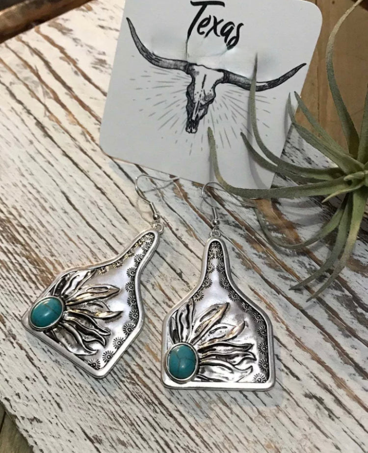 Turquoise Stone Sunflower Silver Cattle Tag Earrings