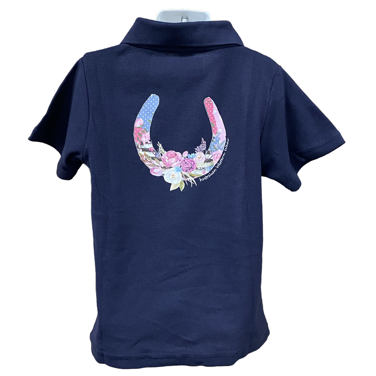 Little Girls Floral Horseshoe Short Sleeve Navy Polo Shirt Sz4 & 6 Left ON SALE
