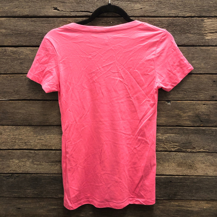 KCD Hot Pink Buckle Logo Short Sleeve V Neck Shirt SALE 12 & 14 left